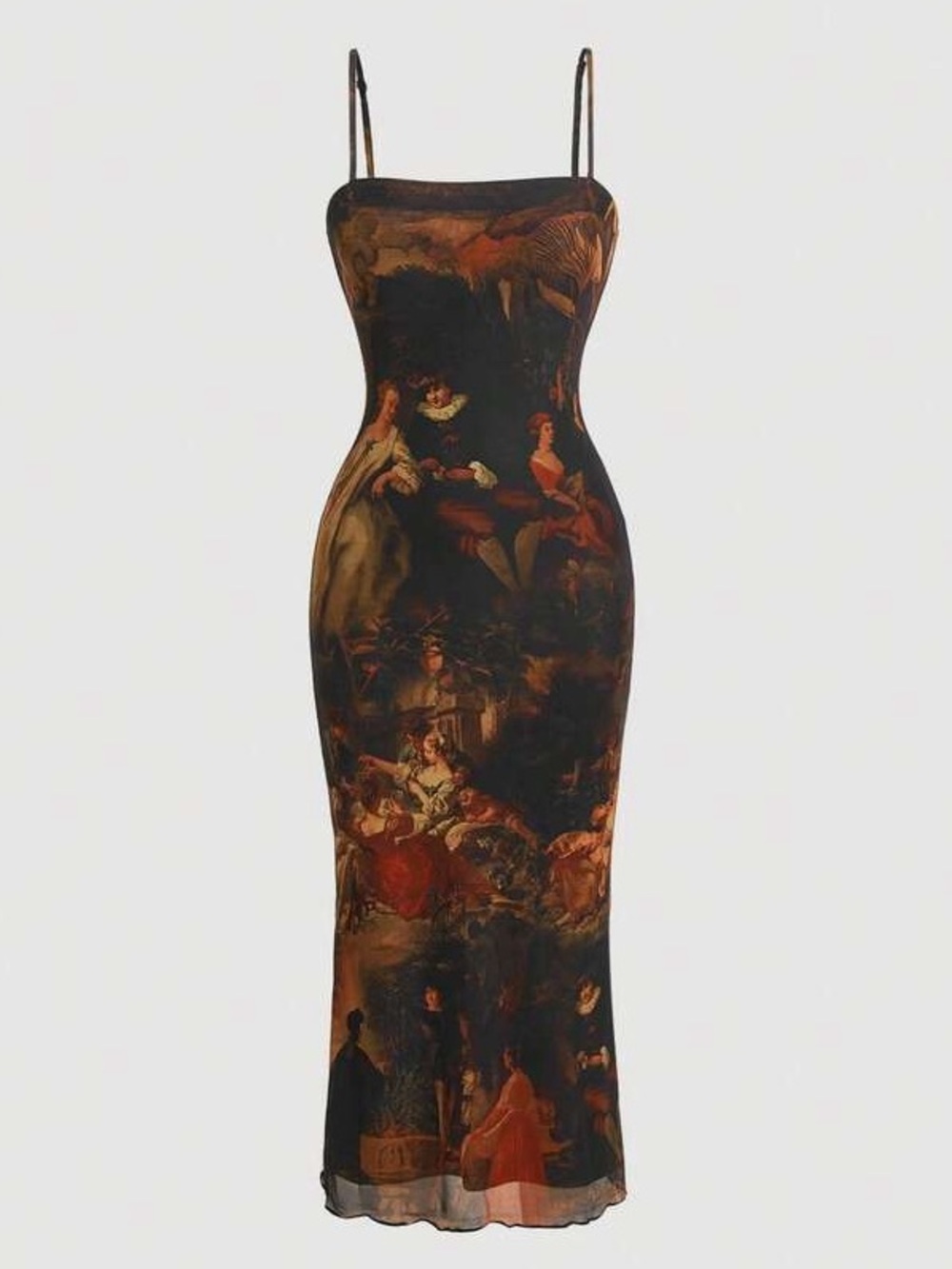 SHEIN MOD Retro Vintage Figure Graphic Lettuce Trim Mesh Cami Dress
